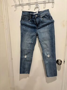 Women's Mid Wash Distressed Crop Jeans - Blue, 90cm long